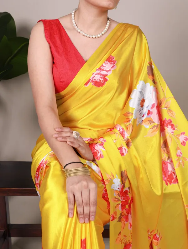 Sunshine_Yellow_Satin_Silk_Saree_with_Red_&_White_Floral_Print_–_Festive_Designer_Wear