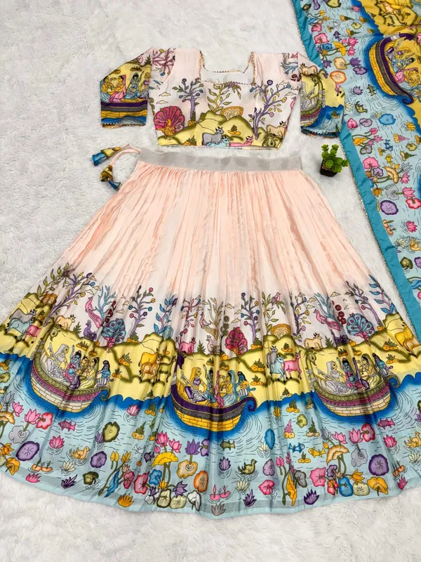 Tussar_Silk_Kalamkari_Lehenga_Choli_with_Dupatta_|_Traditional_Printed_Lehenga_Set