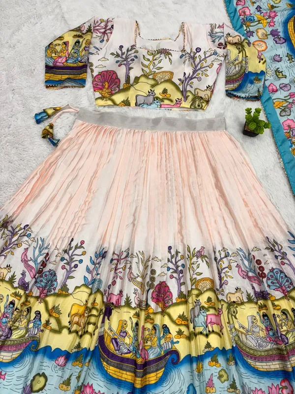 Tussar_Silk_Kalamkari_Lehenga_Choli_with_Dupatta_|_Traditional_Printed_Lehenga_Set
