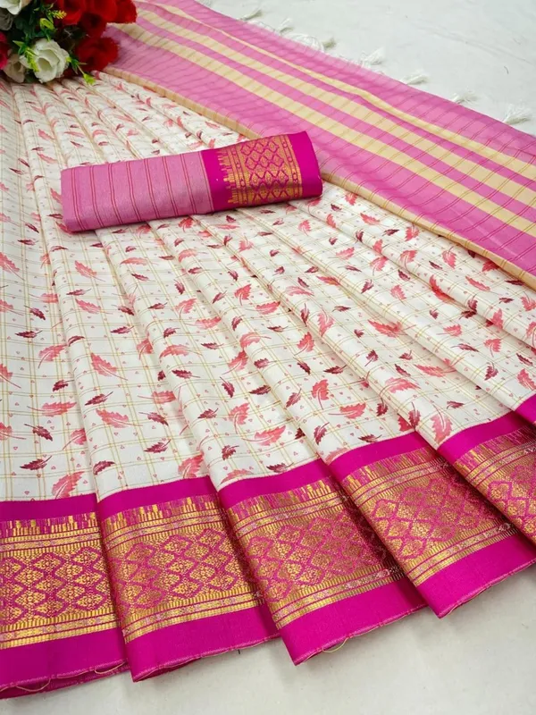 Pink_Banarasi_Cotton_Silk_Leaf_Block_Printed_Saree_For_Women_&_Girls