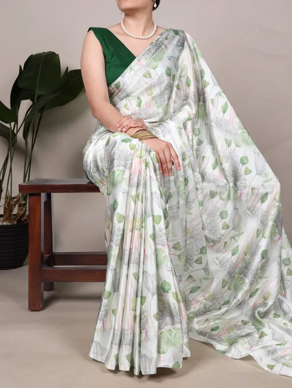 White_Satin_Silk_Saree_with_Green_Lotus_Print_–_Ethnic_&_Elegant_Wear
