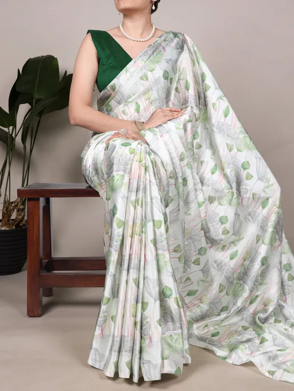 White_Satin_Silk_Saree_with_Green_Lotus_Print_–_Ethnic_&_Elegant_Wear