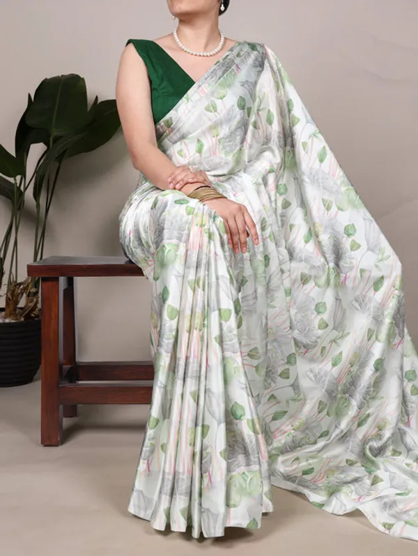 White_Satin_Silk_Saree_with_Green_Lotus_Print_–_Ethnic_&_Elegant_Wear