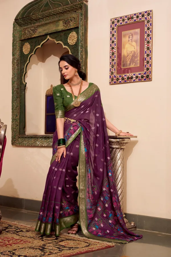 Wine_Green_Poly_Cotton_Kalamkari_Saree_with_Zari_Border_|_Elegant_Party_&_Festive_Wear_Saree