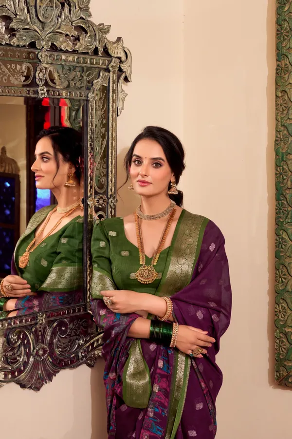 Wine_Green_Poly_Cotton_Kalamkari_Saree_with_Zari_Border_|_Elegant_Party_&_Festive_Wear_Saree