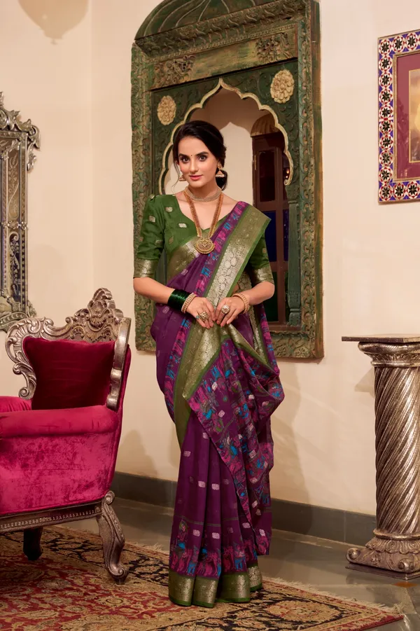 Wine_Green_Poly_Cotton_Kalamkari_Saree_with_Zari_Border_|_Elegant_Party_&_Festive_Wear_Saree