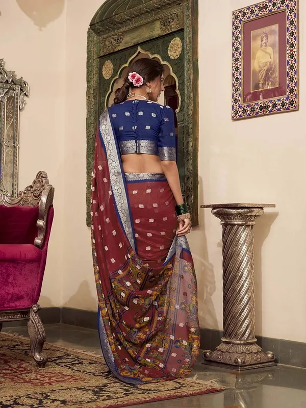 Maroon_Blue_Poly_Cotton_Kalamkari_Saree_with_Zari_Border_|_Traditional_&_Festive_Saree_for_Women