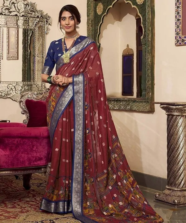 Maroon_Blue_Poly_Cotton_Kalamkari_Saree_with_Zari_Border_|_Traditional_&_Festive_Saree_for_Women