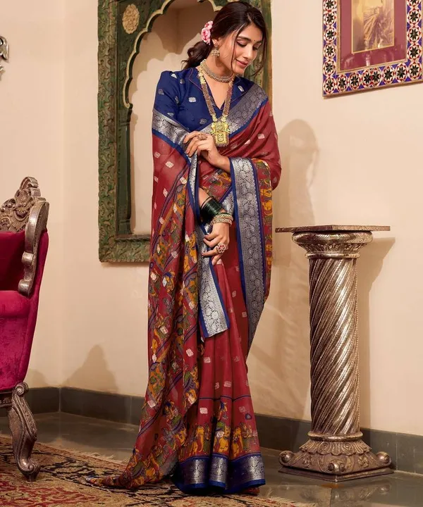 Maroon_Blue_Poly_Cotton_Kalamkari_Saree_with_Zari_Border_|_Traditional_&_Festive_Saree_for_Women