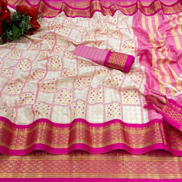 Pink_Banarasi_Cotton_Silk_Square_Block_Printed_Saree_For_Women_&_Girls