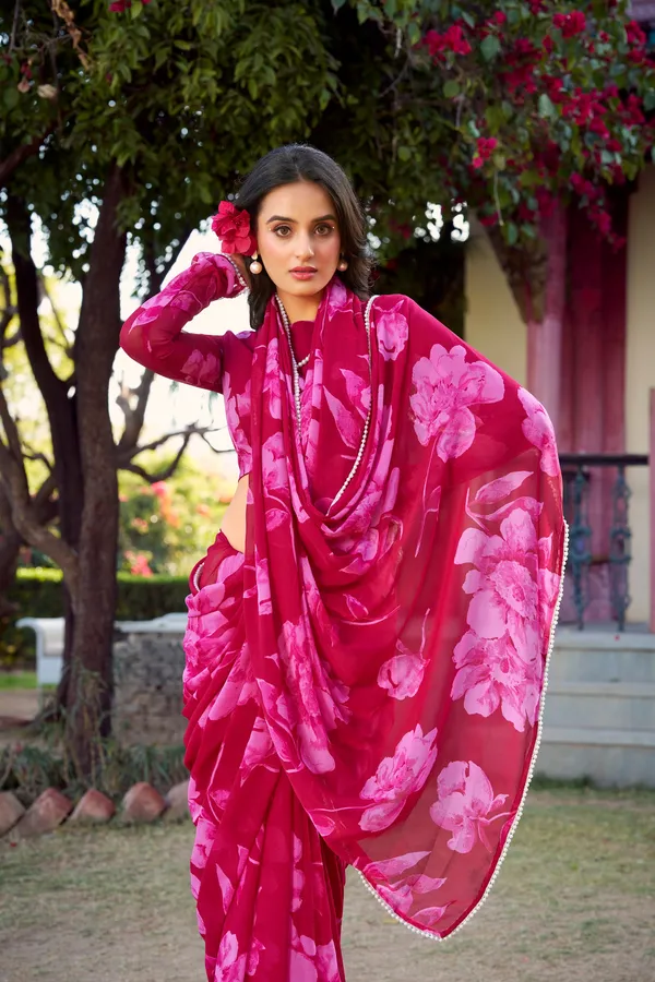 Pink_Floral_Printed_Chiffon_Saree_with_Pearl_Lace_Border