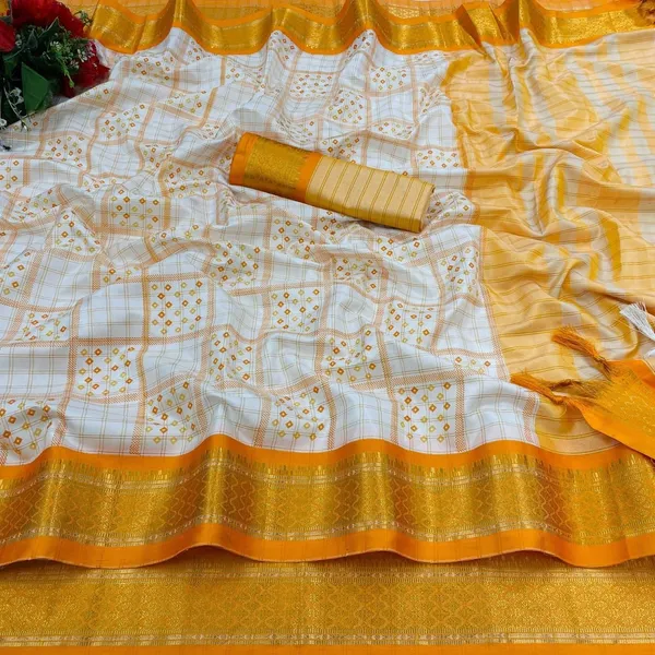 Yellow_Banarasi_Cotton_Silk_Small_Check_Block_Printed_Saree_For_Women_&_Girls
