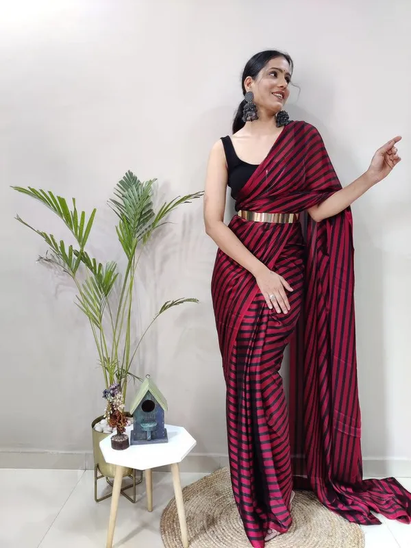 Rangritiya™_Red_Soft_Georgette_Striped_Ready_To_Wear_Saree_For_Women_&_Girls_|_Ethnic_Saree_for_Women