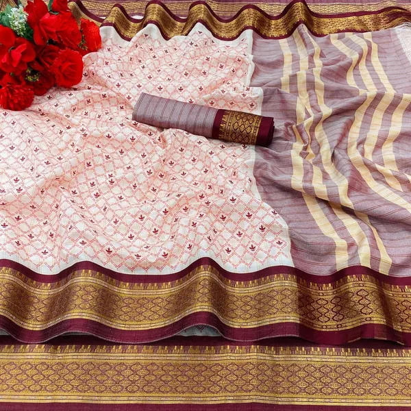 Maroon_Banarasi_Cotton_Silk_Small_Check_Block_Printed_Saree_For_Women_&_Girls