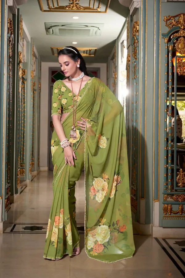 Mehandi_Georgette_Printed_With_Pearl_Lace_Border_Saree_|_Ethnic_Saree_for_Women