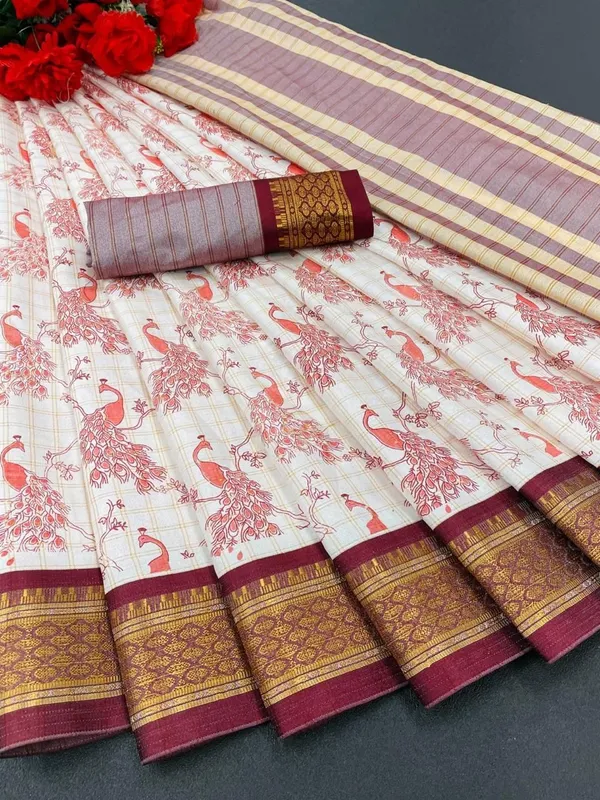 Maroon_Banarasi_Cotton_Silk_Peacock_Block_Printed_Saree_For_Women_&_Girls