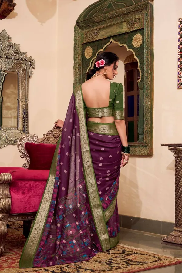 Wine_Green_Poly_Cotton_Kalamkari_Saree_with_Zari_Border_|_Elegant_Party_&_Festive_Wear_Saree