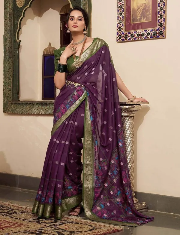 Wine_Green_Poly_Cotton_Kalamkari_Saree_with_Zari_Border_|_Elegant_Party_&_Festive_Wear_Saree