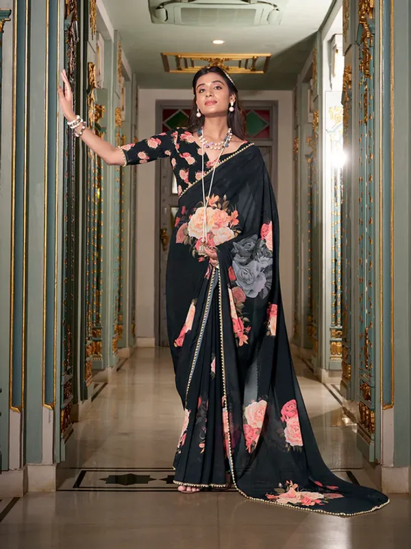Black_Georgette_Printed_With_Pearl_Lace_Border_Saree_|_Ethnic_Saree_for_Women