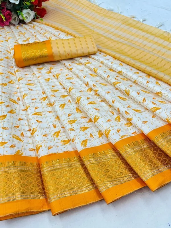 Yellow_Banarasi_Cotton_Silk_Leaf_Block_Printed_Saree_For_Women_&_Girls