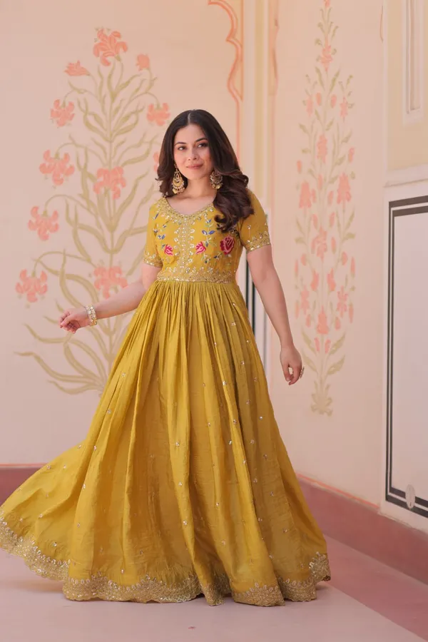 Mustard_Yellow_Cotton_V-Neck_Short_Sleeves_Gold_Crush_With_Multi_Thread_Embroidery_Zari_Sequins-Work_Gown_For_Women_&_Girls