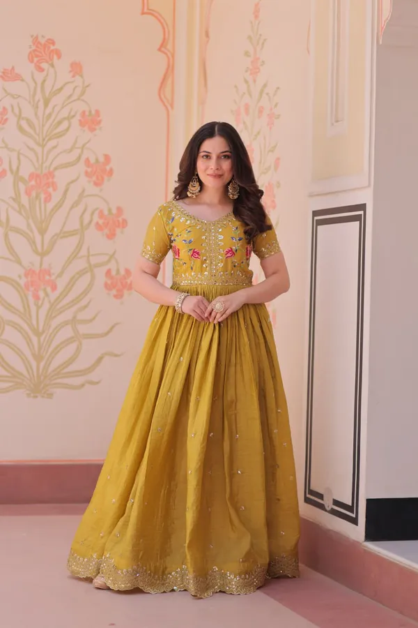 Mustard_Yellow_Cotton_V-Neck_Short_Sleeves_Gold_Crush_With_Multi_Thread_Embroidery_Zari_Sequins-Work_Gown_For_Women_&_Girls
