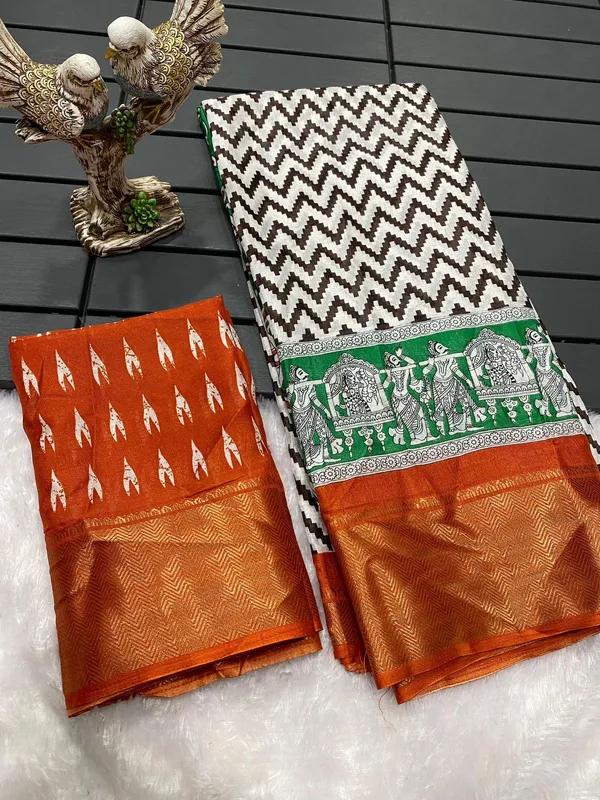 Orange_&_Green_Soft_Dola_Cotton_Kalamkari_Printed_Saree_For_Women_&_Girls