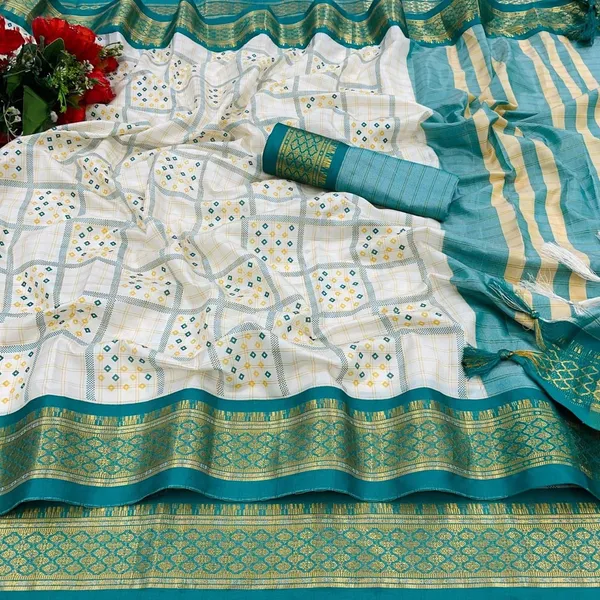 Blue_Banarasi_Cotton_Silk_Square_Block_Printed_Saree_For_Women_&_Girls