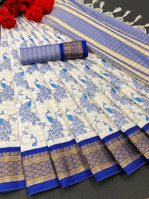 Royal_Blue_Banarasi_Cotton_Silk_Peacock_Block_Printed_Saree_For_Women_&_Girls