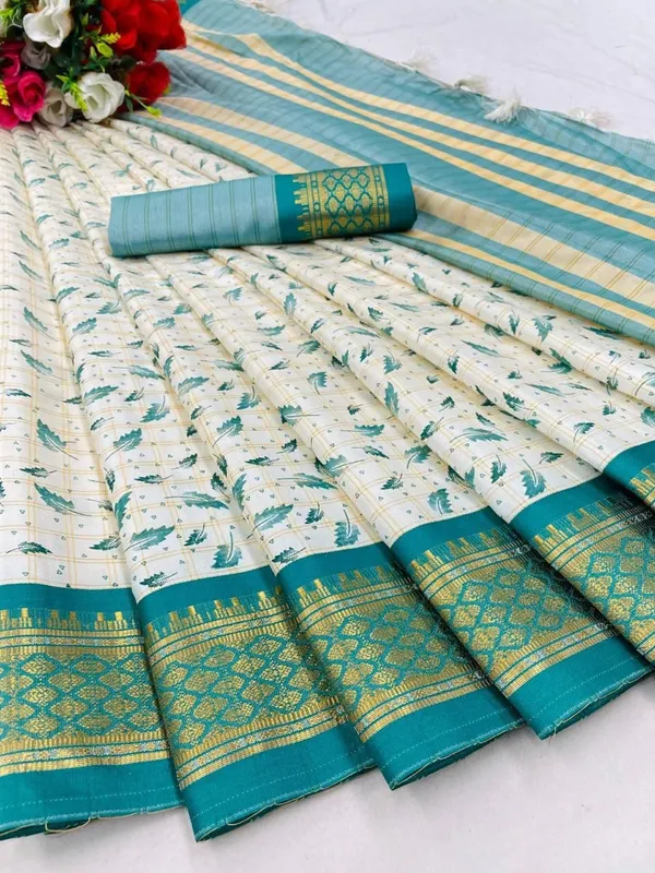 Blue_Banarasi_Cotton_Silk_Leaf_Block_Printed_Saree_For_Women_&_Girls