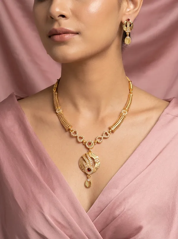 Gold_Plated_Designer_Necklace_Set_with_Ruby_Red_Stones,_AD_Pendant_&_Matching_Earrings_for_Women
