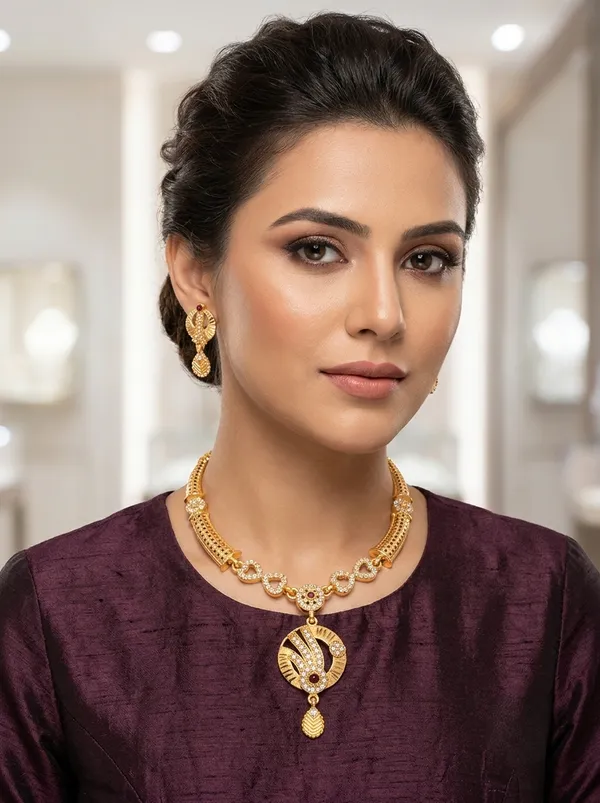 Gold_Plated_Designer_Necklace_Set_with_Ruby_Red_Stones,_AD_Pendant_&_Matching_Earrings_for_Women