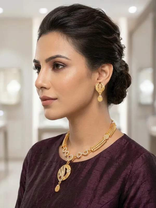Gold_Plated_Designer_Necklace_Set_with_Ruby_Red_Stones,_AD_Pendant_&_Matching_Earrings_for_Women