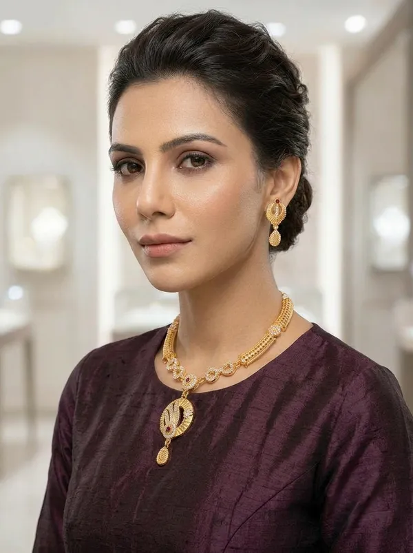 Gold_Plated_Designer_Necklace_Set_with_Ruby_Red_Stones,_AD_Pendant_&_Matching_Earrings_for_Women