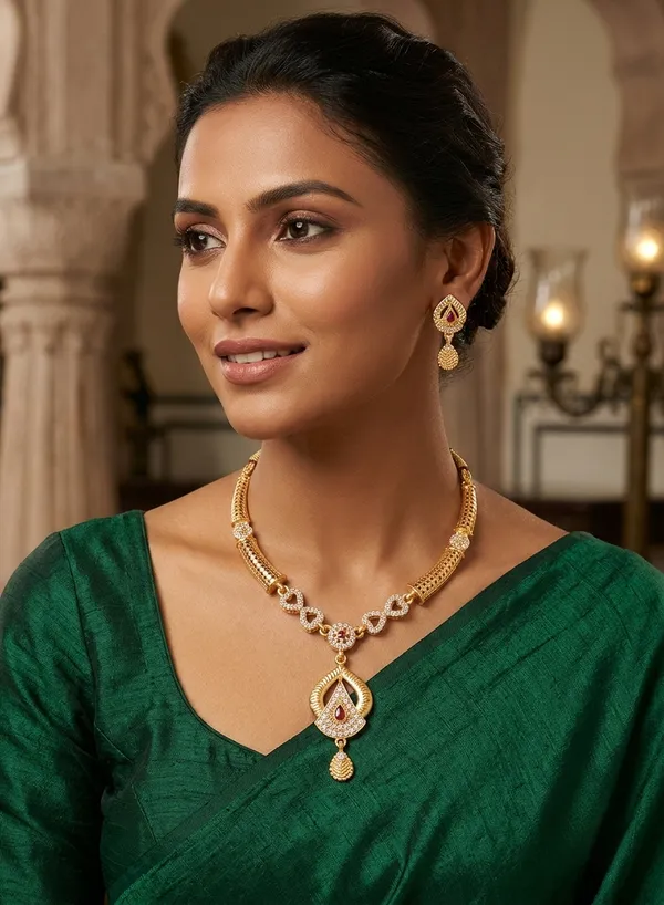 Gold_Plated_Designer_Necklace_Set_with_Ruby_Teardrop_Pendant_&_Matching_Earrings_for_Women