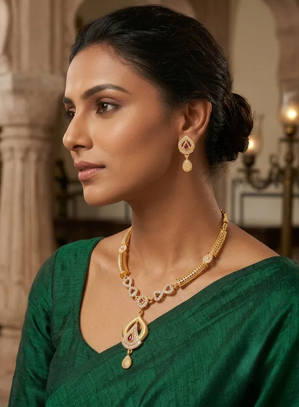 Gold_Plated_Designer_Necklace_Set_with_Ruby_Teardrop_Pendant_&_Matching_Earrings_for_Women