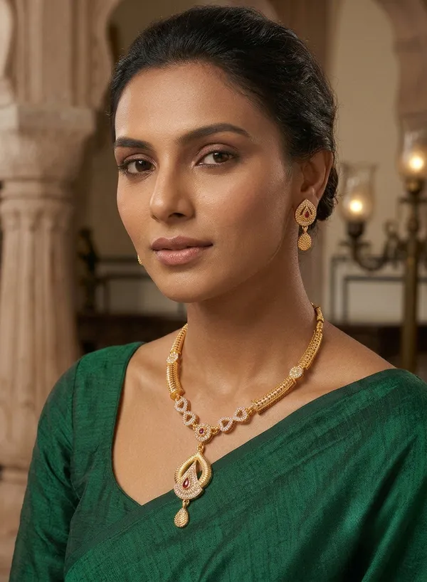Gold_Plated_Designer_Necklace_Set_with_Ruby_Teardrop_Pendant_&_Matching_Earrings_for_Women