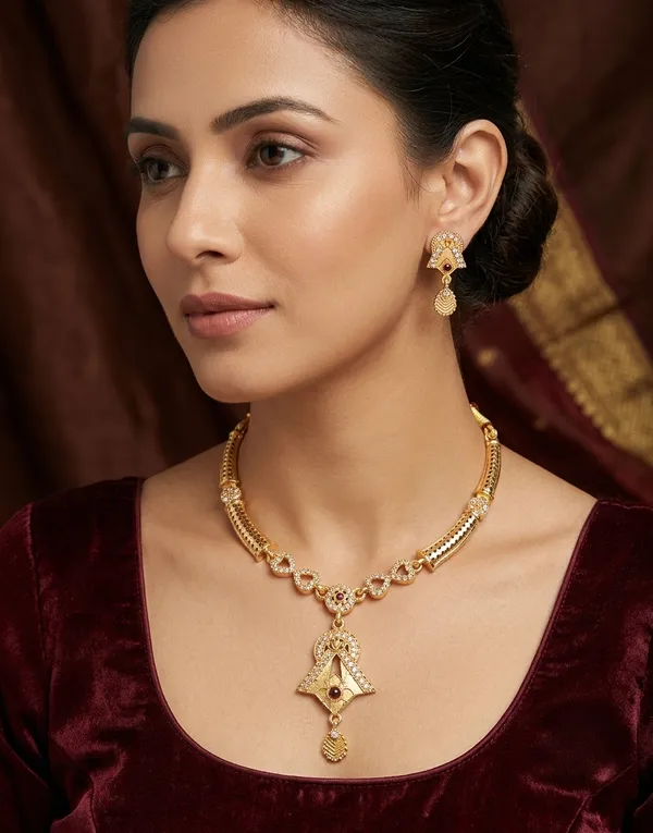 Gold_Plated_Designer_Necklace_Set_with_Geometric_Ruby_Pendant_&_Matching_Earrings_for_Women