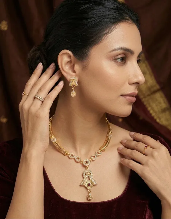 Gold_Plated_Designer_Necklace_Set_with_Geometric_Ruby_Pendant_&_Matching_Earrings_for_Women