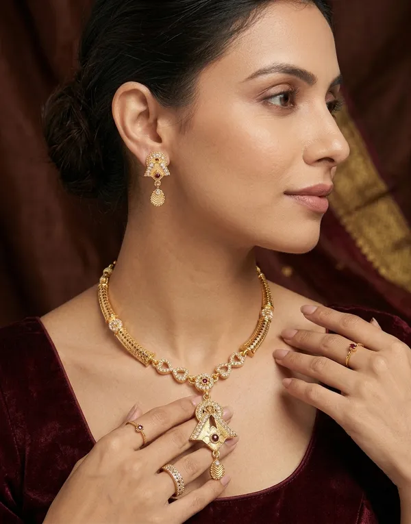 Gold_Plated_Designer_Necklace_Set_with_Geometric_Ruby_Pendant_&_Matching_Earrings_for_Women