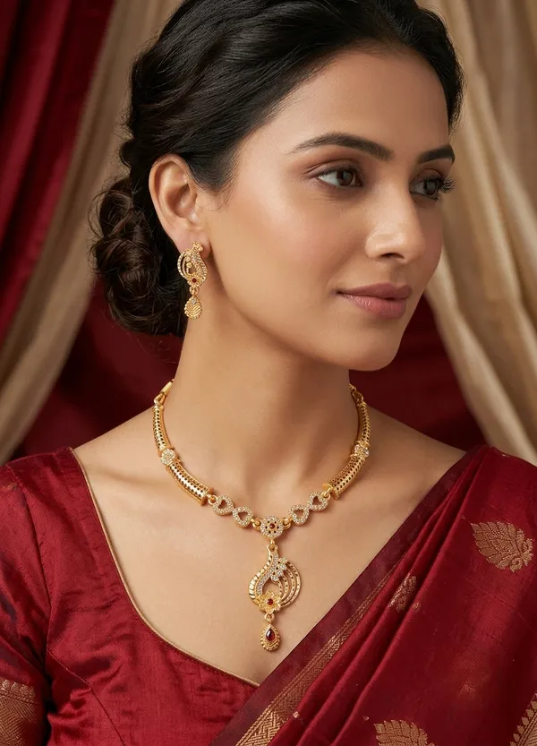 Gold_Plated_Designer_Necklace_Set_with_Ruby_Floral_Pendant_&_Matching_Earrings_for_Women