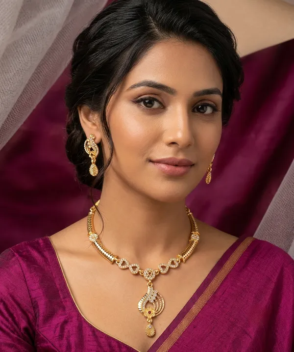 Gold_Plated_Designer_Necklace_Set_with_Ruby_Floral_Pendant_&_Matching_Earrings_for_Women