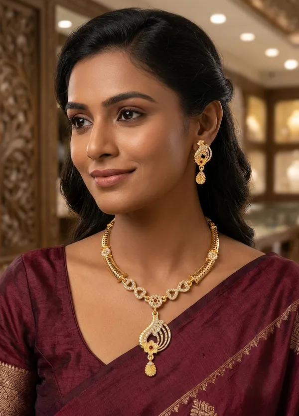 Gold_Plated_Designer_Necklace_Set_with_Ruby_Floral_Pendant_&_Matching_Earrings_for_Women