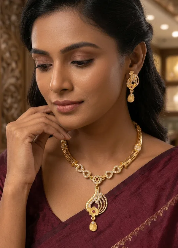 Gold_Plated_Designer_Necklace_Set_with_Ruby_Floral_Pendant_&_Matching_Earrings_for_Women
