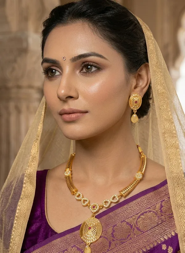 Gold_Plated_Traditional_Necklace_Set_with_Ruby_Oval_Pendant_&_Matching_Earrings_for_Women
