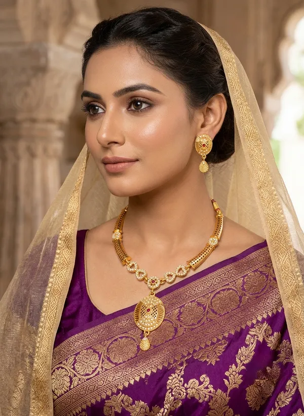 Gold_Plated_Traditional_Necklace_Set_with_Ruby_Oval_Pendant_&_Matching_Earrings_for_Women