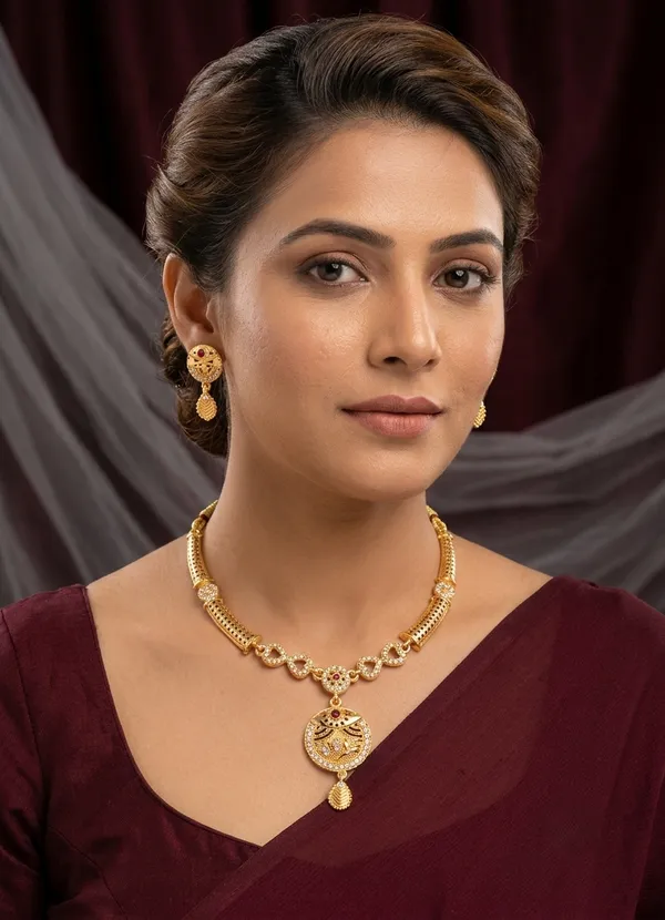 Gold_Plated_Traditional_Necklace_Set_with_Round_Designer_Pendant_&_Matching_Earrings_for_Women