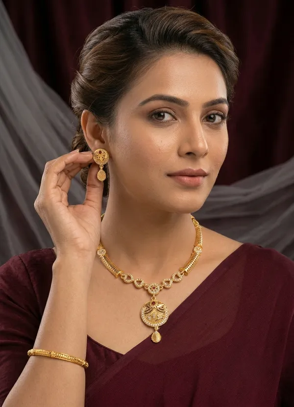 Gold_Plated_Traditional_Necklace_Set_with_Round_Designer_Pendant_&_Matching_Earrings_for_Women