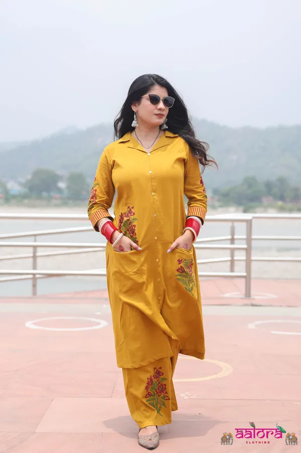 Mustard_Cotton_Front_Pocket_Bottom_Print_Co-Ord_Set_For_Women