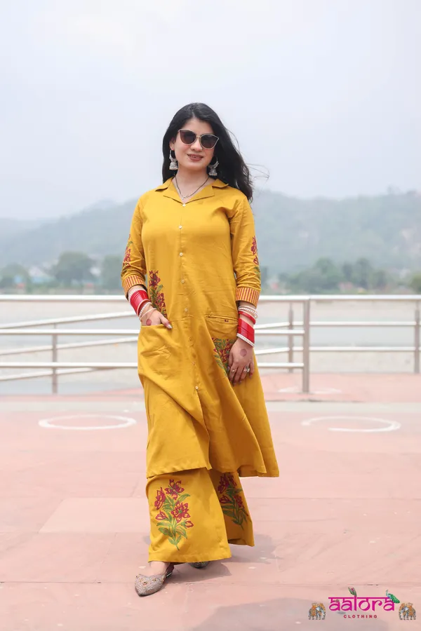 Mustard_Cotton_Front_Pocket_Bottom_Print_Co-Ord_Set_For_Women